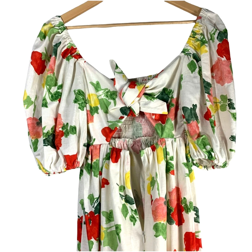 Sezane 4 Carlotta Linen Puff Sleeve Maxi Dress $450 Floral Poppy Square Neck 36 - Picture 7 of 13